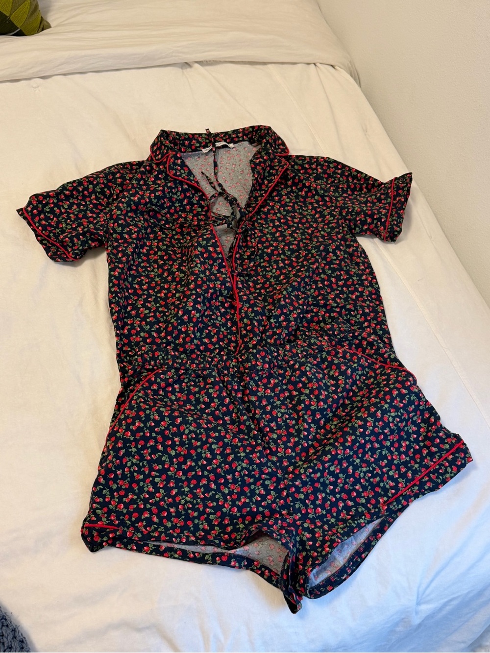 Floral Pajama - Black with Red Strawberries Top Small and Shorts Medium